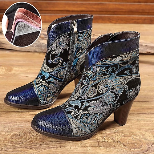 

Damen Stiefel Übergrössen Handgefertigte Schuhe Weiche Schuhe Party Täglich Stiefeletten Stiefeletten Winter Reißverschluss Blume Blockabsatz Spitze Zehe Vintage Brautkleider schlicht Komfort Leder