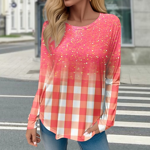 

Damen T Shirt Halloween-Shirt Gelb Rosa Blau Plaid Bedruckt Langarm Halloween Wochenende Basic Neon und Hell Rundhalsausschnitt Regular Fit Farbe Frühling Herbst