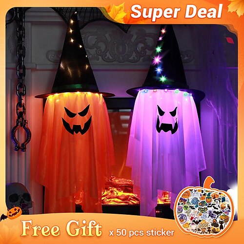 

Halloween Decorations Flying Witch Hats Ghost Hanging LED Lights Bar Halloween Party Supplies Dress Up Glowing Wizard Ghost Lamp