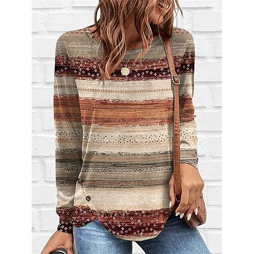 

Damen T Shirt Khaki Gestreift Bedruckt Langarm Täglich Wochenende Modisch Rundhalsausschnitt Regular Fit Farbe Frühling Herbst