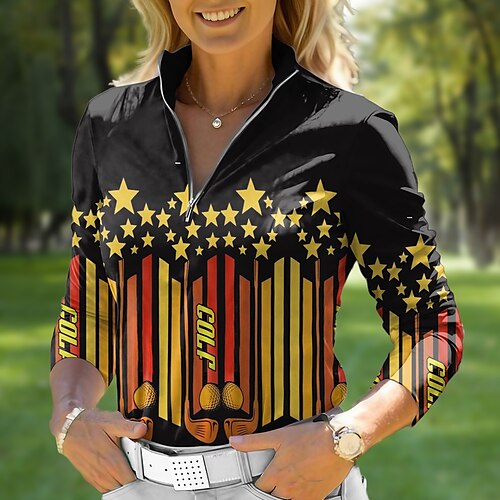 

Mulheres Camisa polo de caminhada Camisa de golfe Respirável Secagem Rápida Pavio Humido Manga Longa Vestuário de golfe Roupas de golfe Normal Zíper Colarinho Alto Estrela Riscas Primavera Outono