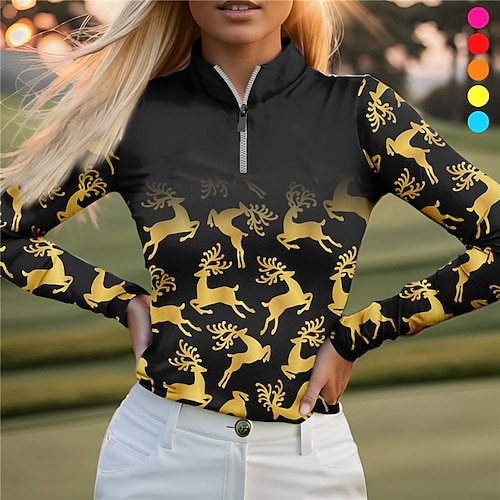 

Damen poloshirt Golfhemd Atmungsaktiv Schnelltrocknend Feuchtigkeitsableitung Langarm Golfbekleidung Golfkleidung Regular Fit Zip Stehkragen Bedruckt Frühling Herbst Tennis Golfspiel Pickleball