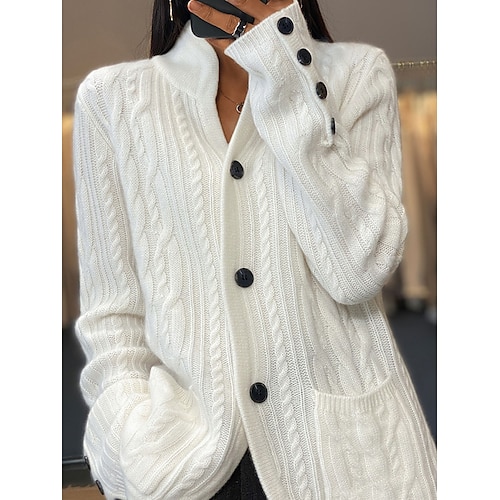 

Women's Cardigan Sweater V Neck Cable Knit Polyester Button Pocket Fall Winter Short Daily Going out Weekend Stylish Casual Soft Long Sleeve Solid Color White Camel Brown S M L