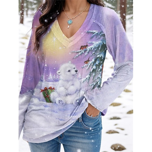 

Women's T shirt Tee Christmas Shirt Black Pink Blue Snowman Print Long Sleeve Christmas Weekend Fashion Christmas V Neck Regular Fit Painting Spring Fall