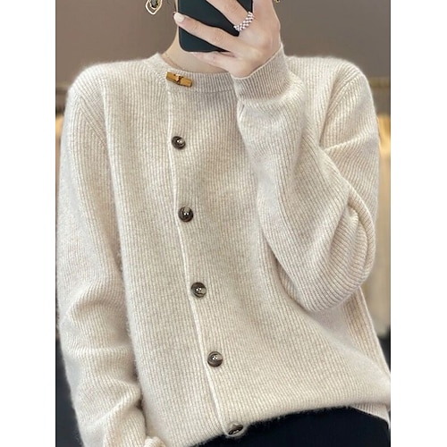 

femme col rond cachemire cardigan pull manteau tricot côtelé régulier patchwork bouton couleur unie élégant décontracté quotidien sortie automne hiver noir beige s m l