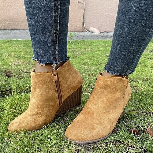 

Women's Boots Platform Boots Motorcycle Boots Plus Size Outdoor Work Daily Fleece Lined Booties Ankle Boots Zipper Platform Wedge Heel Round Toe Elegant Classic Walking Suede Lace-up Solid Color