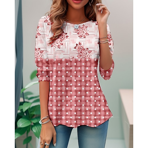 

Femme T shirt Tee Rouge Violet Vert Floral Plaid Imprimer manche longue Vacances Fin de semaine Mode Col Rond Standard Fleur Peinture Printemps Automne