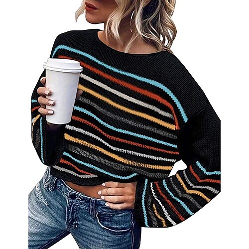 

Women's Pullover Sweater Jumper Jumper Ribbed Knit Regular Patchwork Color Block Crew Neck Stylish Elegant Daily Lantern Sleeve Winter Black White S M L