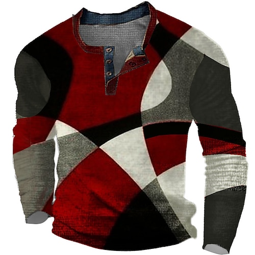 

Графика Контрастных цветов Мода Оригинальный рисунок Классический Муж. 3D печать Вафельная рубашка Henley Повседневный стиль Классический на открытом воздухе Повседневные Футболка Красный