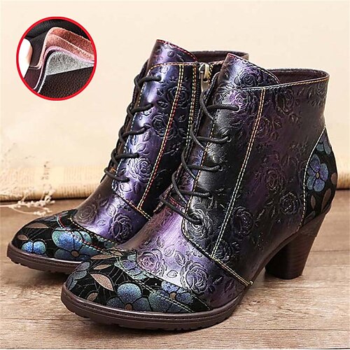 

Women's Boots Plus Size Handmade Shoes Daily Booties Ankle Boots Buckle Zipper Kitten Heel Pointed Toe Vintage Fashion Casual Leather Zipper Floral Embroidered Purple Coffee