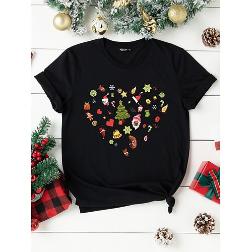 

Mujer Camiseta Camisa de Navidad Negro Graphic Corazón Estampado Manga Corta Navidad Fin de semana Festival / Vacaciones Escote Redondo Ajuste regular Pintura Primavera Otoño