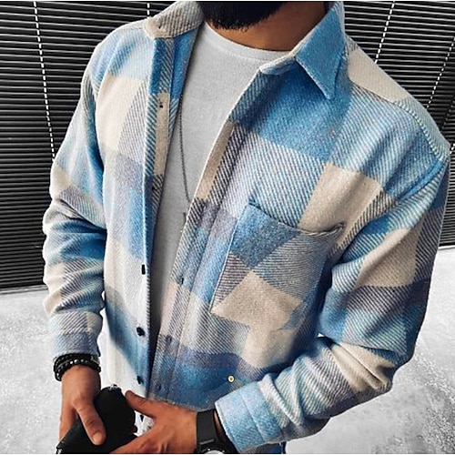 

Men's Shirt Jacket Shacket Overshirt Black Blue Purple Long Sleeve Plaid / Check Non-Positioning Print Turndown Spring & Fall Outdoor Street Clothing Apparel