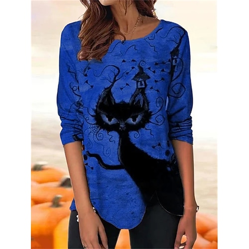 

Women's T shirt Tee Halloween Shirt Blue Orange Green Cat Print Long Sleeve Halloween Weekend Festival / Holiday Round Neck Regular Fit Painting Spring Fall