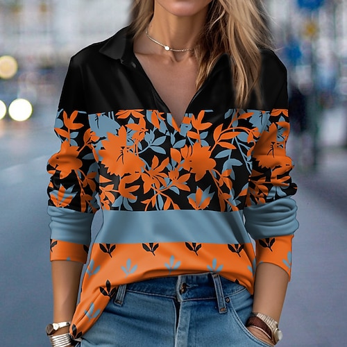

Women's T shirt Tee Pink Blue Orange Floral Print Long Sleeve Holiday Weekend Fashion Shirt Collar Regular Fit Floral Painting Spring Fall