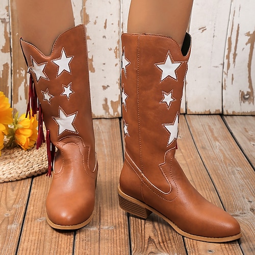 

Mujer Botas Botas cowboy Botas de Combate Diario Invierno Borla Talón de bloque Dedo redondo Casual Cuero Sintético Mocasín Negro Marrón