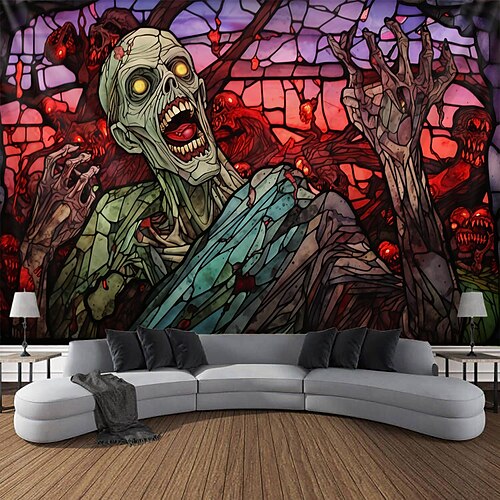 

Halloween vitrail zombie suspendu tapisserie mur art grande tapisserie décor mural photographie toile de fond couverture rideau maison chambre salon décoration halloween décorations