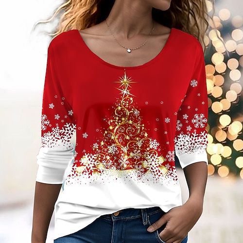 

Mujer Camiseta Camisa de Navidad Rojo Azul Piscina Morado Árbol de Navidad Copo Estampado Manga Larga Fiesta Navidad Fin de semana Festival / Vacaciones Estampado Navidad Escote Redondo Ajuste regular