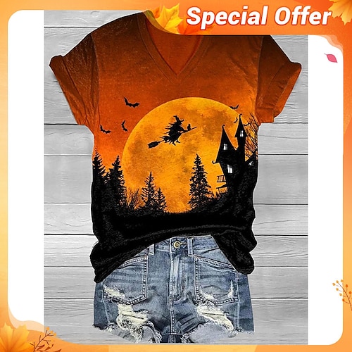 

Women's T shirt Tee Halloween Shirt Black Yellow Pink Graphic Floral Print Short Sleeve Halloween Weekend Basic V Neck Regular Fit Floral Painting