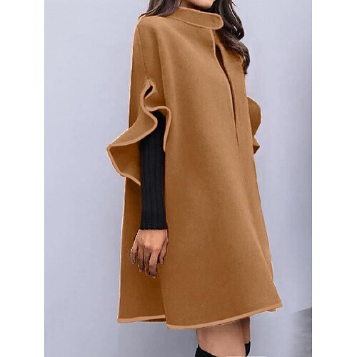

Women's Cloak/Capes Winter Coat Long Pea Coat Warm Windproof Maillard Overcoat Ruffle Single Breasted Stand Collar Trench Coat Fashion Loose Fit Outerwear Long Sleeve Black Red Khaki