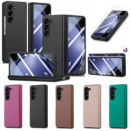 

Phone Case For Samsung Galaxy Z Fold 5 Back Cover with Screen Protector Magnetic Full Body Protective Solid Color TPU PU Leather