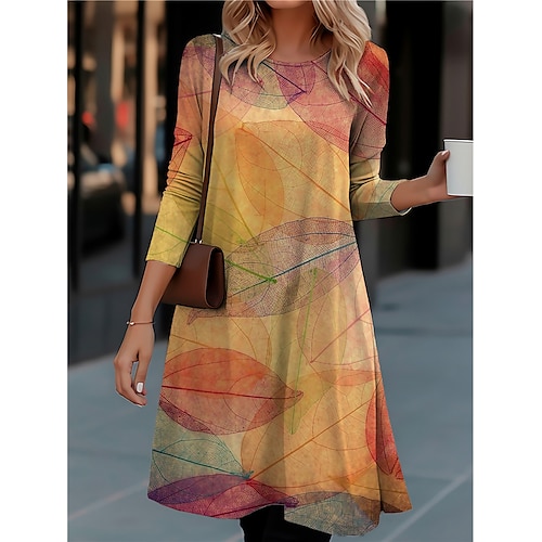 

Women's Casual Dress T Shirt Dress Tee Dress Winter Dress Leaf Pocket Print Crew Neck Midi Dress Fashion Streetwear Outdoor Daily Long Sleeve Regular Fit Orange Green Fall Winter S M L XL XXL