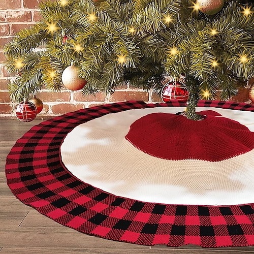 

2023 Woven Tree Skirt Acrylic Knitted Black Red Checkered Black and White Checkered Christmas Tree Skirt Apron Christmas Tree Decoration