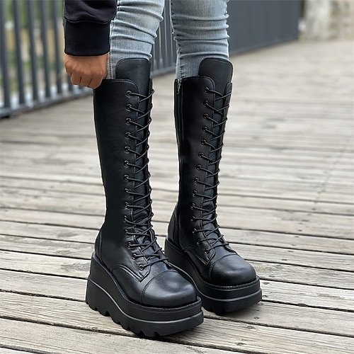 

Damen Stiefel Plateaustiefel Übergrössen Outdoor Täglich Kniehohe Stiefel Plattform Blockabsatz Runde Zehe Gothic Brautkleider schlicht Minimalismus PU Schnürsenkel Feste Farbe Schwarz