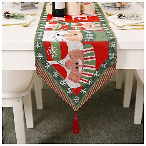 

corredor de mesa de natal, corredor de mesa de boneco de neve com borlas, corredor de mesa jacquard tingido de fio, corredor de mesa para festa de feriado, jantar, sala de jantar, decorações de natal