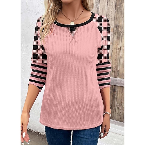 

Women's T shirt Tee Pink Plaid Print Long Sleeve Daily Weekend Fashion Round Neck Regular Fit Painting Spring Fall