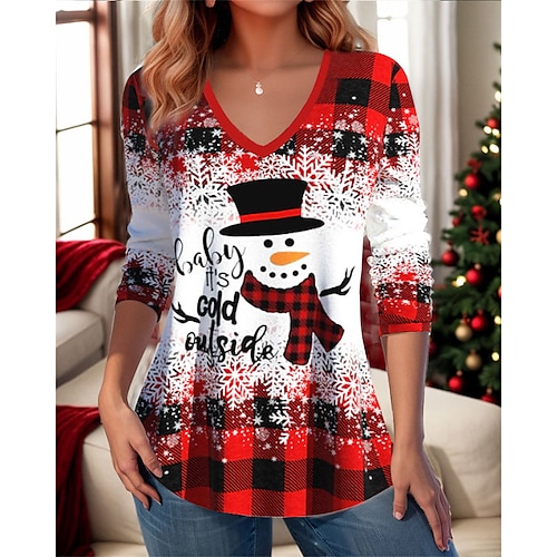 

Mujer Camiseta Camisa de Navidad Amarillo Rosa Rojo Plaid Muñeco de Nieve Estampado Manga Larga Navidad Fin de semana Festival / Vacaciones Estampado Navidad Escote en Pico Ajuste regular Pintura