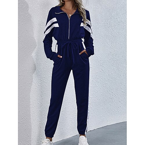 

Women's Jumpsuit Patchwork Zipper Solid Color Shirt Collar Active Street Sport Straight Slim Long Sleeve Blue S M L Fall