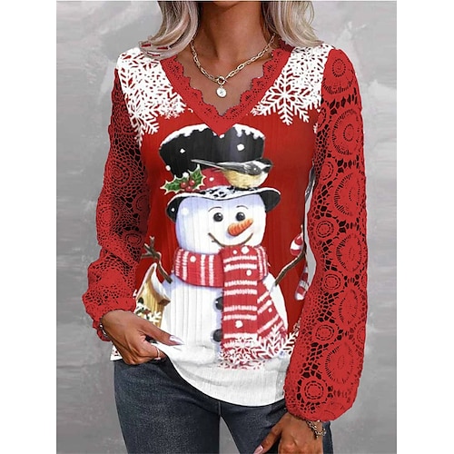 

Mulheres Camisa Social Blusa Camisa de Natal Branco Vinho Vermelho Boneco de Neve Floco de Neve Veado Renda Imprimir Manga Longa Natal Casual Festival / feriado Decote V Normal Primavera Outono