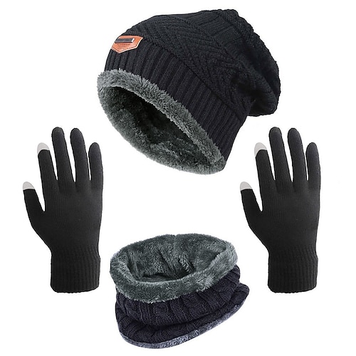 

Men's Beanie Hat Hat and Scarf Hat & Gloves Set Black Burgundy Solid Color Warm Breathable Soft Heat Retaining