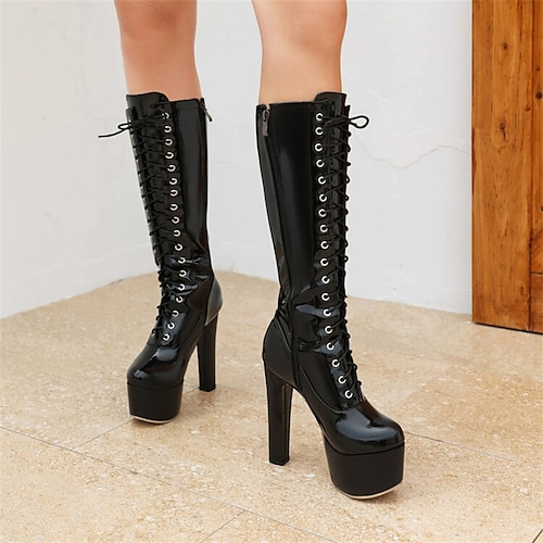

Mulheres Botas Botas de amarrar Botas com salto Botas de salto Festa Bandagem Botas da panturrilha Inverno Plataforma Salto Robusto Ponta Redonda Punk Moda Sensual Couro Ecológico zíper Côr Sólida