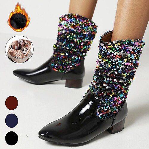 

Women's Boots Metallic Boots Glitter Crystal Sequined Jeweled Cowboy Boots Outdoor Work Daily Mid Calf Boots Winter Sequin Block Heel Chunky Heel Pointed Toe Fashion Elegant Classic PU Black Light