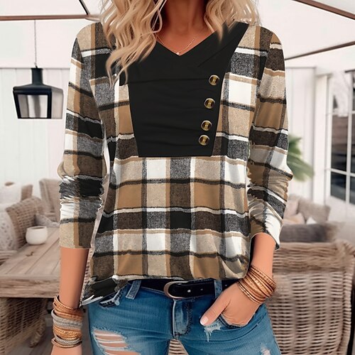 

Mulheres Camiseta Preto Marron Xadrez Botão Imprimir Manga Longa Diário Final de semana Moda Decote V Normal Pintura Primavera Outono
