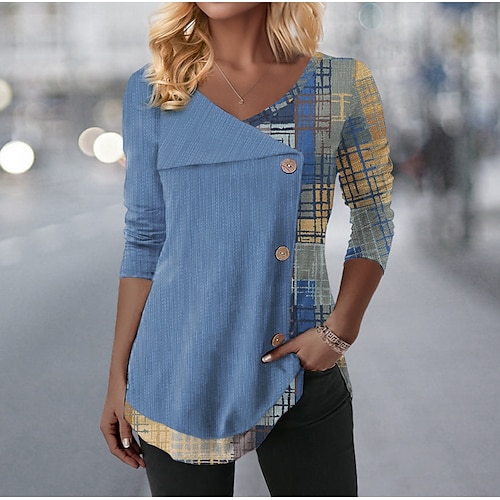 

Women's T shirt Tee Pink Blue Purple Plaid Print Long Sleeve Daily Weekend Fashion V Neck Regular Fit Painting Spring Fall