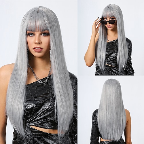 

Pelucas sintéticas Uniformes Disfraces carrera Princesa Recto Liso Natural Parte media Corte a capas Hecho a Máquina Peluca 26 pulgadas Gris plateado Pelo sintético Mujer Cosplay Fiesta Moda Gris