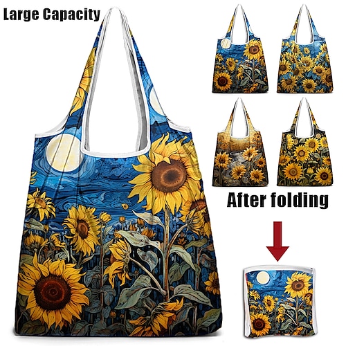 

Bolso grande de hombro para mujer, bolso hobo de nailon para compras diarias, estampado de gran capacidad, transpirable, plegable, girasol 3d