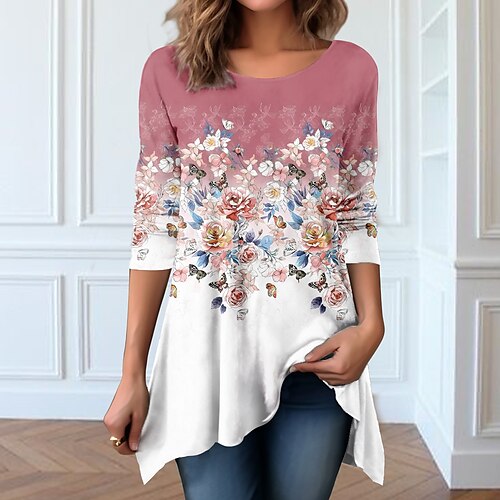 

Damen T Shirt Rosa Blau Purpur Blumen Fließende Tunika Bedruckt Langarm Festtage Wochenende Modisch Rundhalsausschnitt Regular Fit Blume Farbe Frühling Herbst