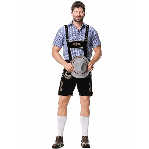  Μπύρα Oktoberfest Στολές Lederhosen Πουκάμισο βαυάρος βαυάρος Γερμανικά Λιβάδια Ανδρικά Πανί παραδοσιακού στυλ Μπλούζα Κοντά Παντελονάκια Καπέλο