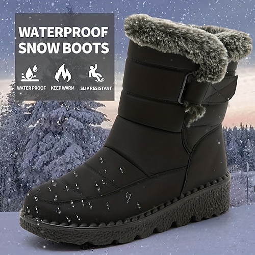 

Women's Boots Snow Boots Waterproof Boots Plus Size Outdoor Daily Solid Color Fleece Lined Booties Ankle Boots Winter Wedge Heel Round Toe Casual Minimalism PU Elastic Band Dark Grey Black Blue