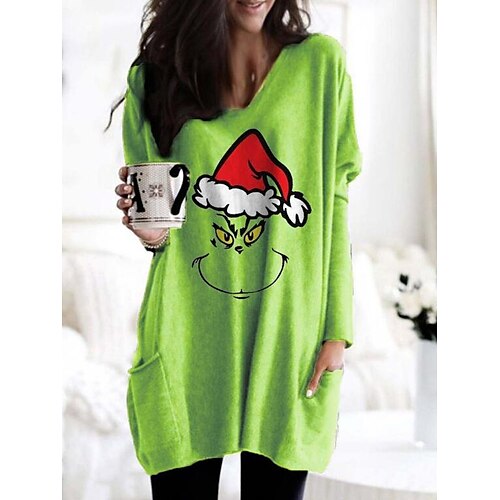 

Mujer Camiseta Camisa de Navidad Verde Hierba Verde Claro Verde Ejército Graphic Bolsillo Estampado Manga Larga Navidad Fin de semana Festival / Vacaciones Escote en Pico Ajuste regular Pintura Otoño