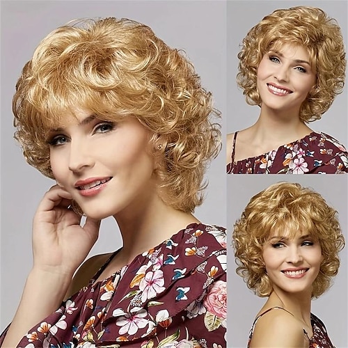 

Synthetic Wig Curly Neat Bang Wig Short Light golden Synthetic Hair Women's Fashionable Design Creative Soft Blonde