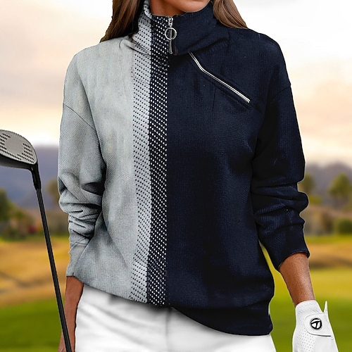 

Women's Golf Hoodie Golf Pullover Golf Sweatshirt Thermal Warm Breathable Moisture Wicking Long Sleeve Golf Outerwear Top Regular Fit 1/4 Zip Stand Collar Color Block Spring Autumn Tennis Golf