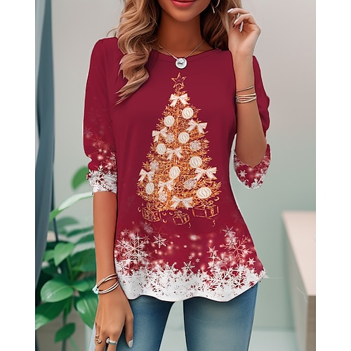 

Femme T shirt Tee Chemise de Noël Rouge Bleu Vert Arbre de Noël Motif de flocon de neige Imprimer manche longue Soirée Noël Fin de semaine Fête / Célébration Imprimé Noël Col Rond Standard Peinture