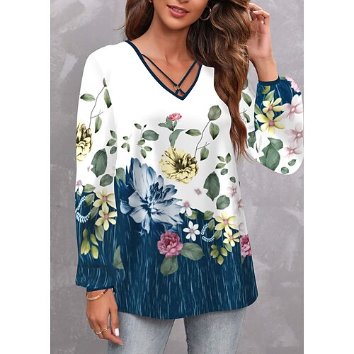 

Women's T shirt Tee Blue Floral Print Long Sleeve Holiday Weekend Fashion V Neck Regular Fit Floral Painting Spring Fall