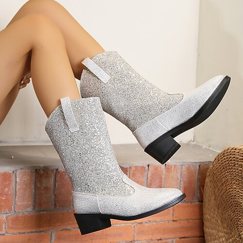 

Women's Boots Glitter Crystal Sequined Jeweled Cowboy Boots Plus Size Outdoor Halloween Daily Mid Calf Boots Winter Sparkling Glitter Chunky Heel Pointed Toe Punk Minimalism Walking PU Loafer Check