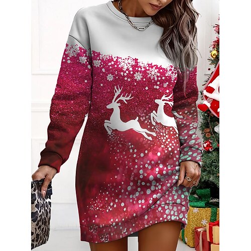 

femme noël tenue décontractée sweat robe mini robe chaud mode extérieur vacances col rond imprimé animal coupe ample rouge bleu fuchsia s m l xl xxl