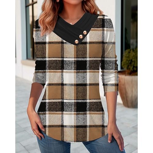 

Damen T Shirt Braun Plaid Taste Bedruckt Langarm Täglich Wochenende Modisch V Ausschnitt Regular Fit Farbe Frühling Herbst